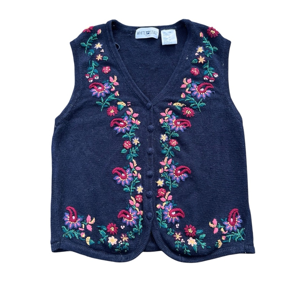 Vintage Floral Embroidered Navy Blue Knit Button Front White Stag Sweater Vest